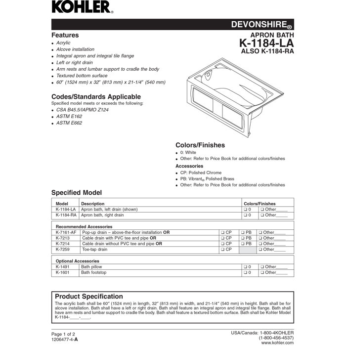 K1184LA0 Kohler Devonshire 60" x 32" Alcove Soaking Acrylic Bathtub